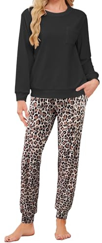 Famulily Schlafanzug Damen Lang Fleece Hausanzug Warme Weich Rundhals Nachtwäsche Oberteile & Karo Pyjamahosen mit Taschen Pyjama Set