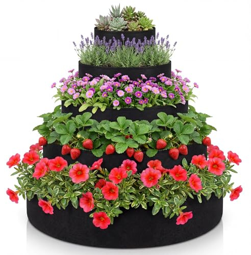Ninehaoou 5 Tiered Strawberry Planter for Outdoor Plants, 39 Inch Heavy Duty Strawberry Tower Planter Grow Bags, Breathable Non Woven Fabric Raised Garden Bed for Vegetables Flower Herbs Gardening
