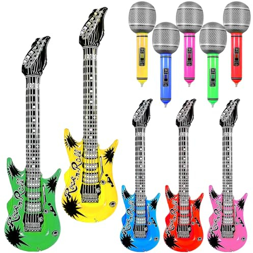10 Pcs Inflatable Guitars and Microphones Set - 90cm Blow Up Guitar & 55cm Instrument with 25cm Mics - 80s 90s Rock Star Party Accessories, Fancy Dress Accessories, Photo Booth Props