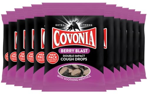 Covonia Double Impact Cough Drops Berry Blast 12 Bags x 51g, Powerful Menthol Vapours, Suitable for Vegetarians, Alcohol Free Cough Drops