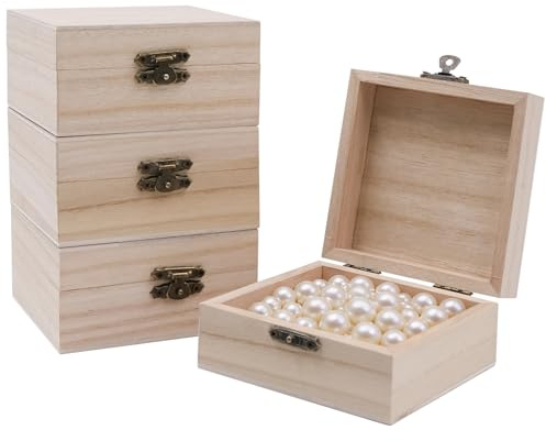 inheming 4Pcs Small Unfinished Wooden Box, Small Blank Craft Box Treasure Chest,10×10×5cm, Mini Wooden Boxes for Craft for DIY Painting Arts