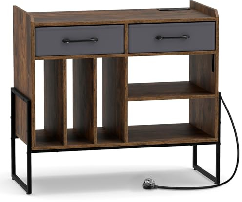 COSTWAY Plattenspieler Tisch, Schallplattenregal mit Steckdosen, USB & Typ C-Anschluss, Plattenständer mit 2 faltbaren Stoffschubladen & verstellbarem Einelegeboden, Plattenregal für Wohnzimmer