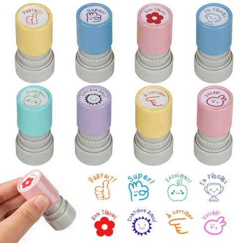Nzkeuf Lot de 8 Tampons Enseignants Français, Circulaire | Tampons Auto-Encreurs, Idéaux pour Encourager Motiver Élèves, Cadeau Professeur