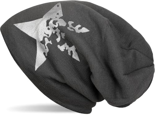 styleBREAKER warme Feinstrick Beanie Mütze mit Vintage Stern Print und sehr weichem Innenfutter, Slouch Longbeanie, Unisex 04024088, Farbe:Dunkelgrau