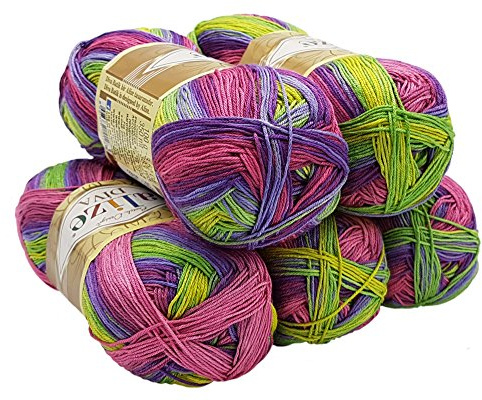 Alize 5 x 100 Gramm Diva Batik Wolle mehrfarbig mit Farbverlauf, 500 Gramm merzerisierte Strickwolle Microfiber-Acryl (rosa grün gelb 3241)