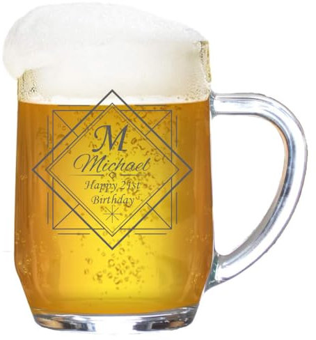 Personalised Tankard ‘Monogram Modern Square’ Engraved Beer Glass Stein | 1 Pint Beer Mug | Gift for Birthdays Wedding, Anniversary | Customise with Any Initial, Name and Message, 590 ml