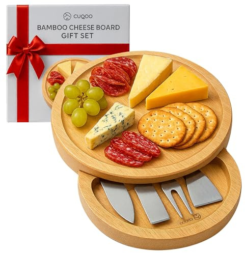 CUQOO Bamboo Cheese Board Set with 3 Knives & Fork – Wooden Charcuterie Board, Cheeseboard Gift Set for Serving, Grazing, Cheese Boards & Knives, Cheese Platter for Cheese Lovers