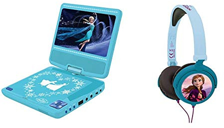 Disney LEXIBOOK Lettore Dvd Portatile Frozen 2, Schermo Rotante da 7 per Bambini, Telecomando, Elsa, caricabatteria per Auto & HP010FZ Cuffie Stereo Bambini Frozen, Design Anna/Elsa