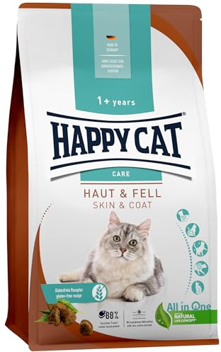 Happy Cat 70601 - Care Haut & Fell - Katzen-Trockenfutter mit Huhn für hautsensible Katzen und Kater - 4 kg Inhalt | Glutenfreies Katzenfutter für sensible Haut mit Huhn & Lachs, 88 % tierisches Protein, mit Omega-3 und -6, Nachkaufgröße