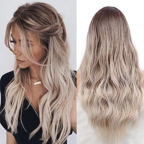 PORSMEER Perücke Braun Blond Damen Lang Locken Perrucke für Frauen/Mädchen/Afro Natürliche Dunkle Wurzel Mittelteil Ombre Wig Party/Kostüm