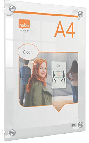 Nobo A4 Acrylic Wall Mounted Repositionable Poster Frame, Frameless, Portrait/Landscape, Suction Cup Pad Mounting, Premium Plus, Clear, 1915600