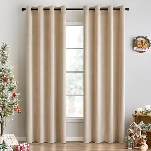 EMEMA 2 Stück Verdunklungsvorhang Samtvorhänge Blickdicht Vorhang mit Ösen Thermogardine Ösenvorhang Verdunkelungsgardinen für Schlafzimmer Wohnzimmer, 140 x 225 cm(B x H) Taupe