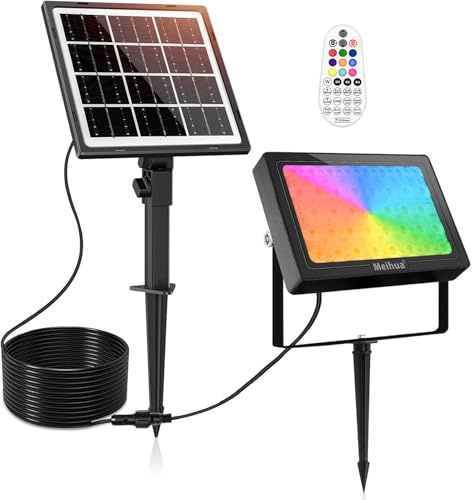 MEIHUA 30W Spot Solaire Exterieur RGB 10 Couleurs 30 Modes Dynamiques 6 Luminosité Minuterie IP66 Etanche Lampe Solaire avec Télécommande Eclairage Exterieur pour Jardin Arbres Chemins Noël Halloween