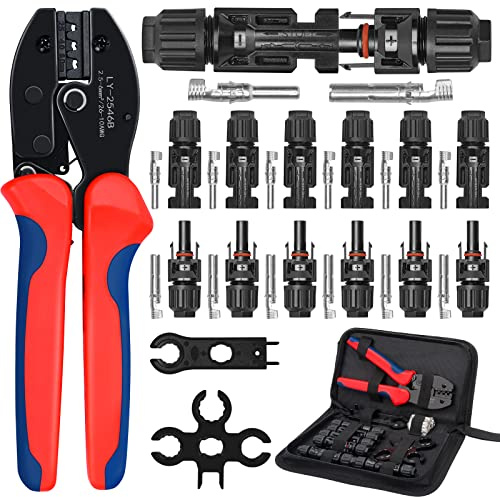 Elecoutek Solar Crimpzange Set für 2.5 4 6mm² Solarpanel Solarkabel, 6 Paar Männlich Weiblich Solarstecker, 2 Stk Schraubenschlüssel, 1 Stk Crimper Crimpwerkzeug für Solaranlage Photovoltaik