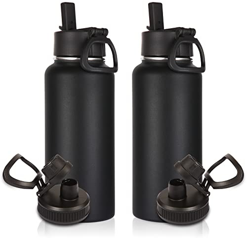 Volhoply 1 L Insulated Water Bottles Bulk 2 Pack with Straw Lid & Spout Lid,Stainless Steel Sports Water Bottle,Double Wall Vacuum Tumbler,Leakproof Wide Mouth Metal Flask for Hiking,Camping(Black,2)