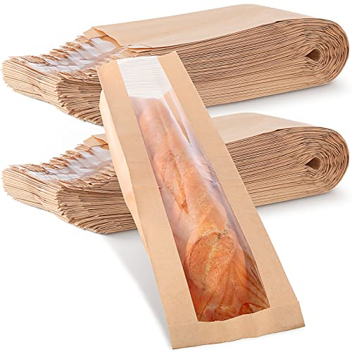 Thenshop 100 Pieces Paper Bread Bag with Window for Homemade Bread Bags Bags Brown Kraft Loaf Storage Sacks Long French Biscuits Packaging (4.5 x 2 x 24 Inch)