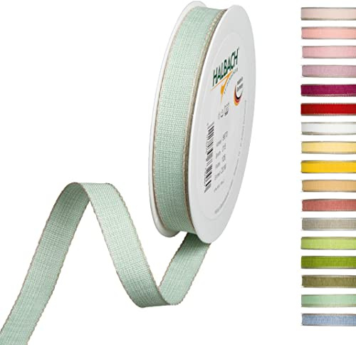 Halbach Dekoband mit Leinenkanten, 15 mm x 20 m, mint/leinen | Dekorationsbändchen mit Leinenkanten, meliert, wetter-/farbecht, Made in Germany und Öko-Tex 100 zertifiziert