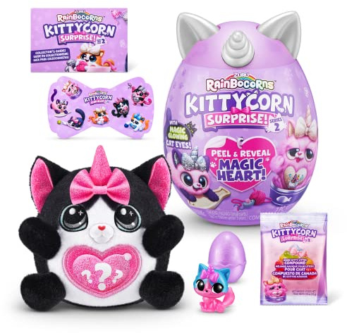 Rainbocorns Kittycorn Surprise Series 7, Black Cat - Peluche Coleccionable - 10 sorpresas para desempaquetar, pelar y revelar el corazón, Pegatinas, Edades 3+ (Gato Negro)