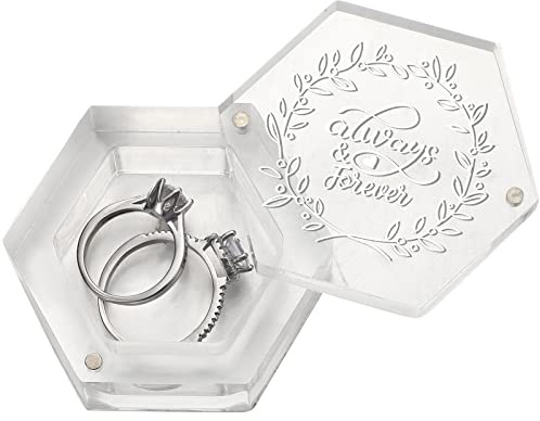 Karenhi Clear Hexagon Acrylic Wedding Ring Box - Romantic Engraved Bearer Box Holder for Ceremony Engagement Proposal Gift & Jewelry Storage