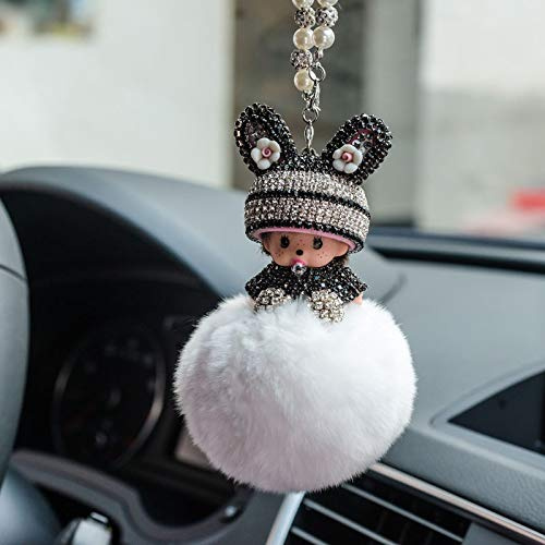 Bling Strass Rückspiegel Ornament - Süße Puppe Plüsch Ball Auto Hängende Anhänger - Niedlich Spiegel Dekoration Geschenke für Frauen Männer - Weiß