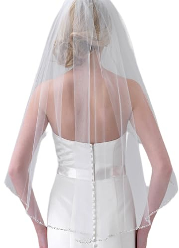 HONGMEI Hochzeitsschleier für Bräute, handgefertigt, Kristallperlenrand, 1 Ebene, Brautschleier mit Kamm, Light Lvory V155, Fingertip length