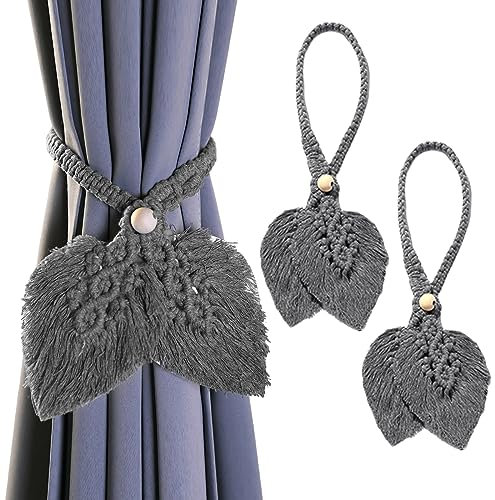 Trayosin 2 Stück Boho Raffhalter für Vorhänge, Baumwolle Vorhang Raffhalter Boho Makramee Blätter Gardinenhalter Halter Clips Holdback Vorhanghalter für Schlafzimmer Büro Gardinen Deko (Grau)