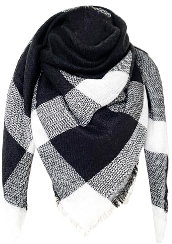 FIFTHAVE Écharpe Femme Homme Châle Cachemire Ecossaise Mode Ponchos Plaid Foulards Automne Hiver Oversize Cape Glands Scarf Carreaux Chaud Carrée Souple Étole Couvertures Noir blanc