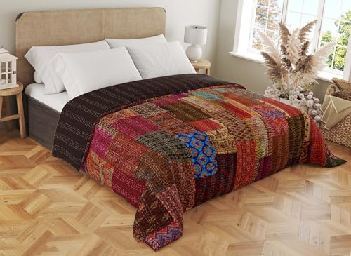 Marubhumi Quilts Indian Handmade Indian Traditional Blankets, Reversible, Indian Silk Sari Patchwork Kantha Quilt, Comforter, Brown - Queen 90 x 108 Inches
