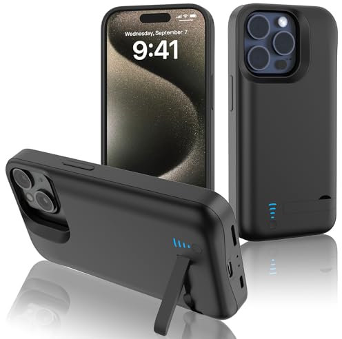 Gladgogo Akkuhülle für iPhone 15 Pro Max, [6800mAh] Hülle Akku, Battery Case Mit Klappbarem Ständer für Apple 15 Pro Max (6,7 Zoll)