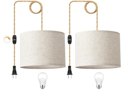 KUAUGST Plug in Pendant Light, Hanging Light with Plug in Cord with Dimmable Switch, Hanging Lamp with 15ft Hemp Rope, Beige Linen Shade, Fixture for Bedroom, Living Room 2 Pack
