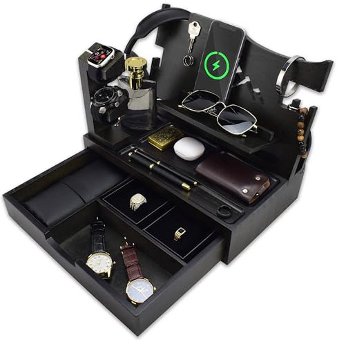 KWYADLUO Organizer da comodino da uomo con grande cassetto, regalo di compleanno per uomini, padre, marito, docking station per telefono in legno, organizer da comodino per ufficio per Apple Watch