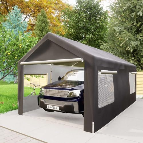 BIRCHTREE Heavy Duty Carport 10x20ft Car Canopy Outdoor Storage Shed Garage Party Tent Gazebo with Roll-up Ventilated Windows & Removable Sidewalls UV Resistant Waterproof Car Truck Boat Dark Grey