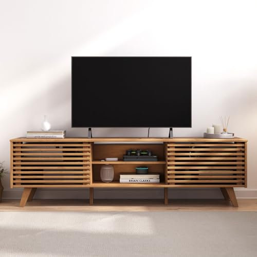 Tavola bassa per TV RIAN con 2 ante scorrevoli per TV da 75, colori rovere – Cassettiera TV in legno di pino massiccio, 3 ripiani regolabili, credenza TV
