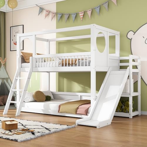 Rtopsu Etagenbett Kinderbett 90x200 cm, Hochbett mit Rutsche und Treppe, Holzbett mit Stauraum Bücherregal, Bett Bettgestell mit Rausfallschutz, Hausbett für 2 Kinder, Weiß 2, Ohne Matratze