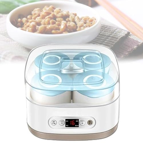 JOSBY Máquina de fermentación Natto de 2 litros, máquina automática de Yogur con Control de Temperatura Constante, con 4 Tazas de cerámica de 500 ml, Tapa del Recipiente con Memoria de Tiempo