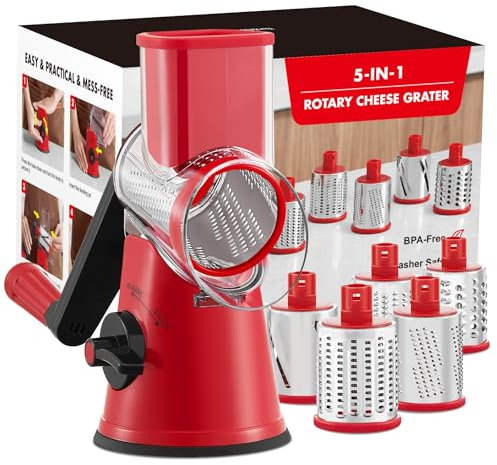 GDL Rallador de Queso, Rayadores para Cocina con 5 Cuchillas de Tambor, Cortador de Queso Corte Fácil y Rápido, Cortador Verduras Trituradora de Hielo para Queso Hielo Nuez Zanahoria, Rojo