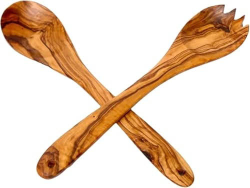 Olive Wood Salad Servers, Handcrafted Wooden Fork and Spoon Salad Tongs, Perfect Salard Servers Set for Serving or Mixing Salads (25 cm)