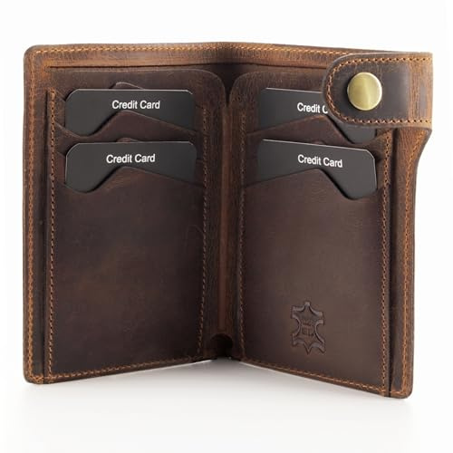 Fa.Volmer ® Kartenetui ohne Münzfach aus Leder – 8 Fächer für Kreditkarten – Scheinfach – Platz für Fahrzeugschein – inkl. Geschenkkarton | Denton (Braun)