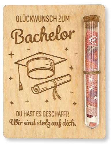 ZUKLA Verpackung für Geldgeschenke Bachelor Geschenk 2026-13 x 10 cm - mit Reagenzglas - Geldgeschenk Verpackung aus Holz - Geschenke für Bachelor Abschluss - Sponsion Geschenk