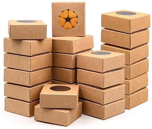 100 Pack Brown Small Cookie Boxes Bulk with Windows, 7.5 x 7.5 x 3 cm | Mini Cardboard Cookie Boxes, Kraft Bakery Packaging Box for Chocolates Cookies Candy Wedding Birthday Party Gift