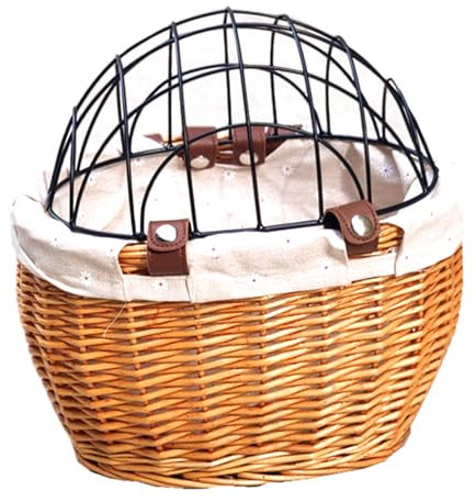 Fahrradkorb für Hunde, 29, 9 x 24, 9 x 35, 1 cm, atmungsaktiv, ausgehöhlter Katzenfahrradträger, Abnehmbarer Fahrradkorb aus Weidengeflecht vorne mit Drahtgeflechtabdeckung, Vintage- für