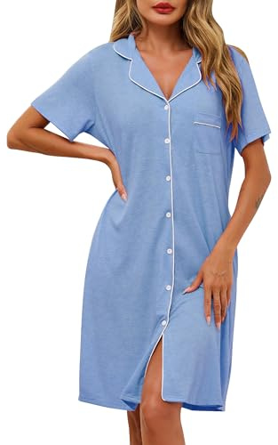 Lovasy Nattlinne Bomull Dam Sommar Kortärmad Amning Nattklänning med V-ringning Pyjamas Morgonrock Knappar Framtill med Fickor, A-blå, L