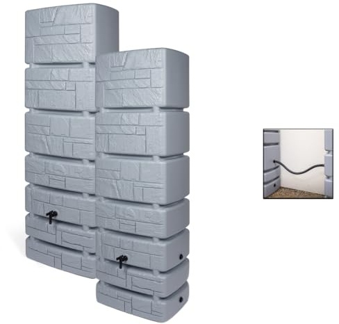 2 x Kreher® XXL Regentonne 350 L - Regenwassertank mit Hahn aus Kunststoff in verschiedenen Größen/Farben (wählbar). Wassertonne in Stein-Optik - und praktischen Verbindungsstück! (Grau)