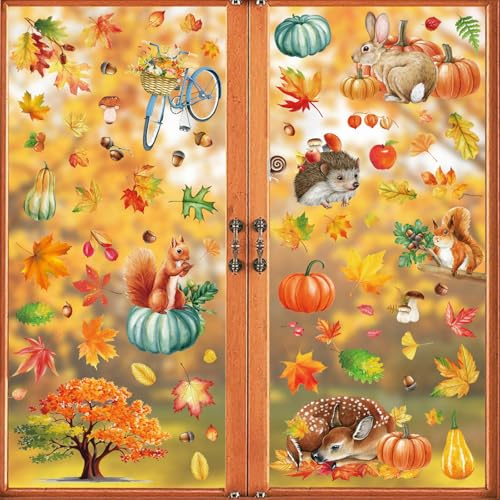 Thanksgiving Fenster Aufkleber, 84 Stück Fensterbilder Herbst Selbstklebend Ahornblätter Kürbis Kleintiere Fensterdeko für Thanksgiving Herbst Deko