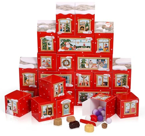 GWHOLE 24 Stück Adventskalender zum Befüllen, Weihnachtskalender Häuser Set Geschenkbox Weihnachten mit 1-24 Zahlen Häuser Box Adventskalender Boxen zum Basteln Rot für Weihnachtsdeko