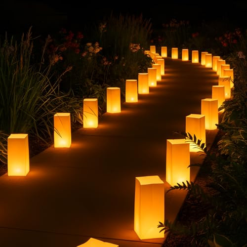 Zhengmy 50 Set Waterproof Luminary Bag with Flameless Candle and Weighted Water Sack Lantern Bag with Battery Light Bulk for Christmas Wedding Birthday Party Thanksgiving Decor (Kraft Brown)