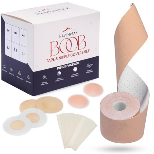 HAVENPEAK Boob Tape & Nipple Covers Set | 8M Lift Tape with 2 Silicone Covers, 20 Clothing Strips & 4 Disposable Covers | Waterproof Invisible Bra for Backless, Strapless Dresses (1 Pack Tape Set)