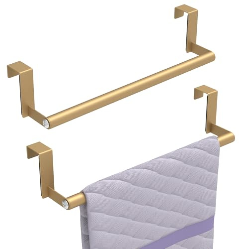 STWWO Over The Door Towel Rack, Kitchen Towel Holder Over Cabinet Door Towel Bar Stainless Steel for Cupboard for Kitchen Dish Towel Holder Hanger, 2 Pack (Gold)