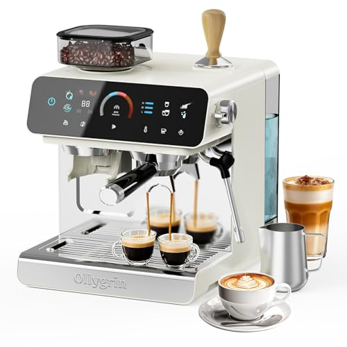 Ollygrin Espressomaschine mit Integriertem Mahlwerk - 20 Bar Profi-Espressomaschine mit 19 Mahlgraden & Milchaufschäumer für Latte und Cappuccino, inkl. 2,8L herausnehmbarem Wassertank