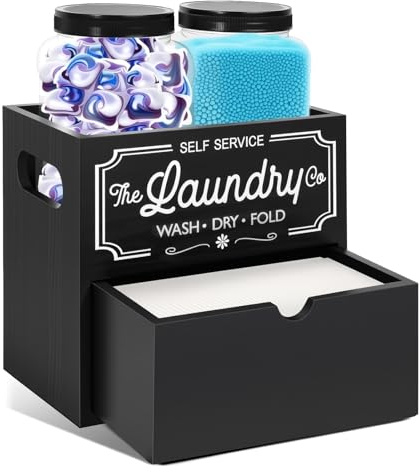 Set of 3 Laundry Pods Container,Laundry Pods Storage Container with 2 Plastic Jars and Drawer Dryer Sheet Holder Detergent Pods Holder Washing Tablets Storage Box for Laundry Room Organisation (Black)